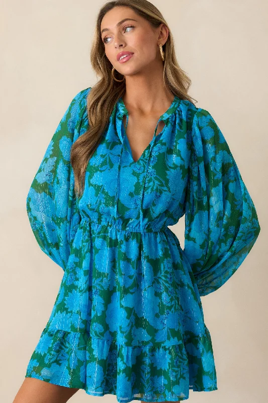 Modern Women's Outfit Soul On Fire Blue Floral Long Sleeve Mini Dress