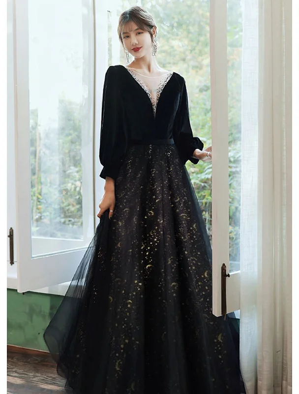 Women's Urban Clothing A-Line Evening Gown Sparkle Dress Wedding Guest Floor Length Long Sleeve V Neck Satin with Crystals Sequin