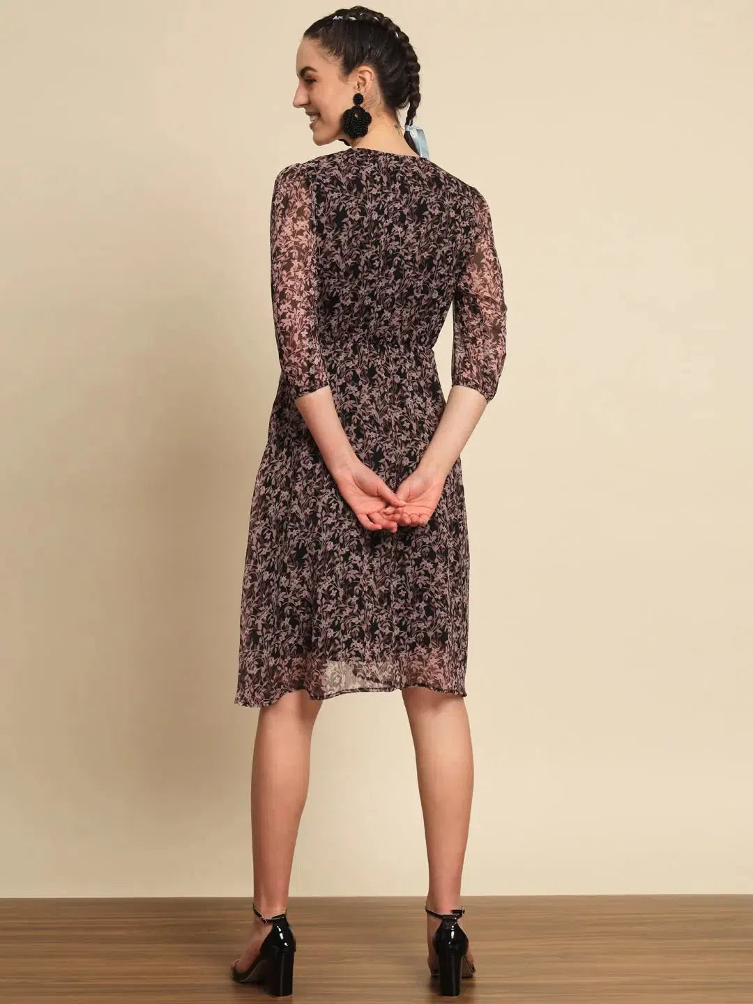 Women's Chic Outerwear Garments Black floral Printed Flare Dress