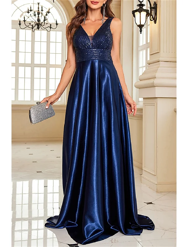 Modern Women's Attire A-Line Mother of the Bride Dress Wedding Guest Party Sparkle & Shine Elegant V Neck Floor Length Satin Sequined Sleeveless with Sequin Color Block