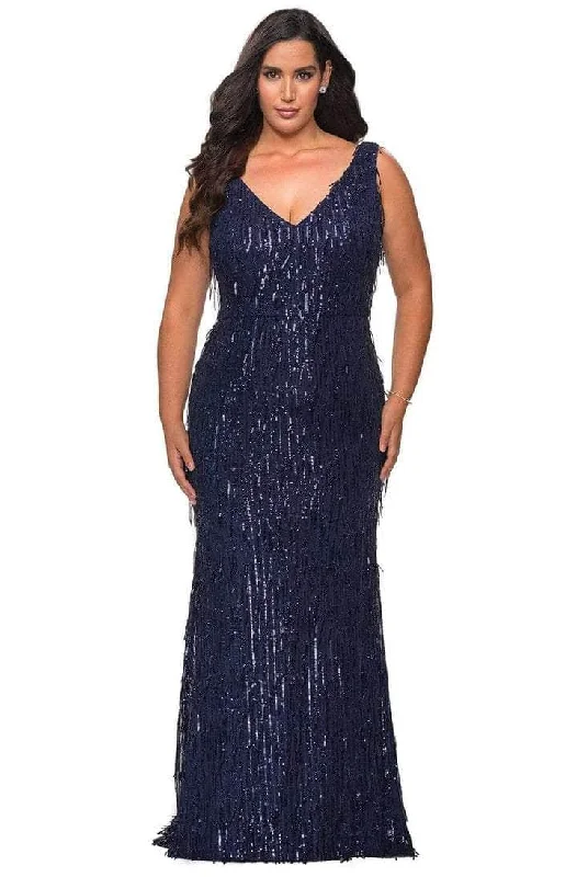 Women's Trendy Clothing La Femme - 28946SC Sequined Deep V-neck Long Gown - 1 pc Navy in Size 14W Available