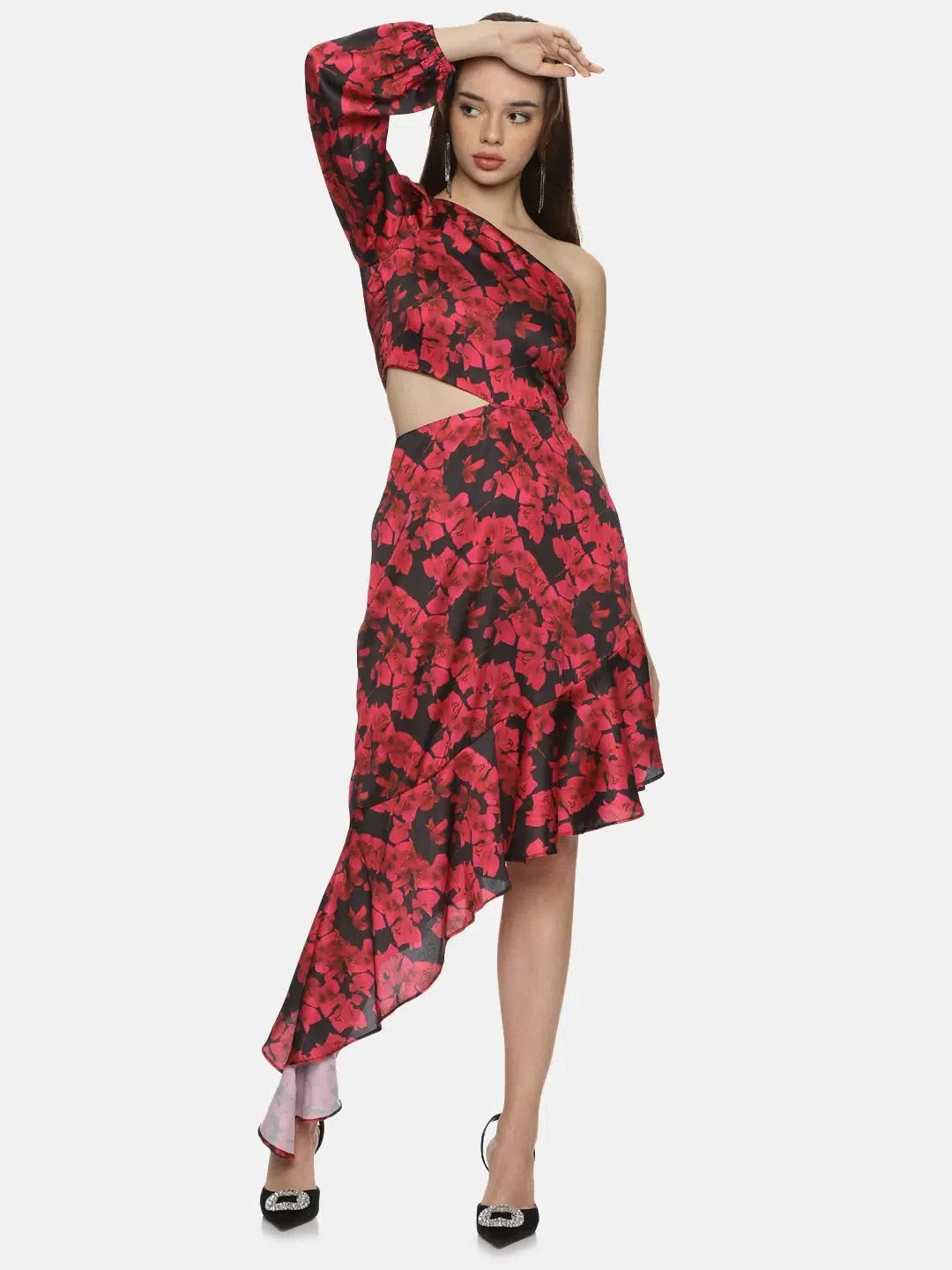 Women's Evening Wear Outfit Floral Red One Shoulder Assymetrical Dress-17302