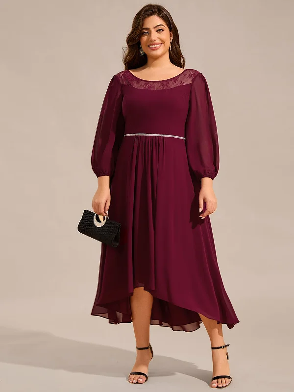 Women's Active Garments For Workouts Plus Size Elegant Round Neck Smocking Midi Length Chiffon Wedding Guest Dresses with Asymmetrical Hem