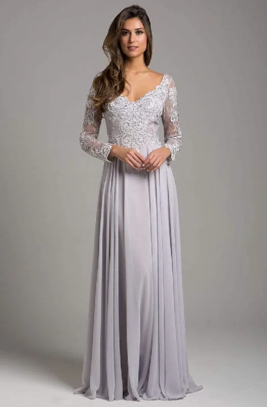 Women's Chic Outfit Lara Dresses - Sheer Long Sleeve Lace Appliqued A-Line Gown 29929 - 1 pc Silver In Size 12 Available