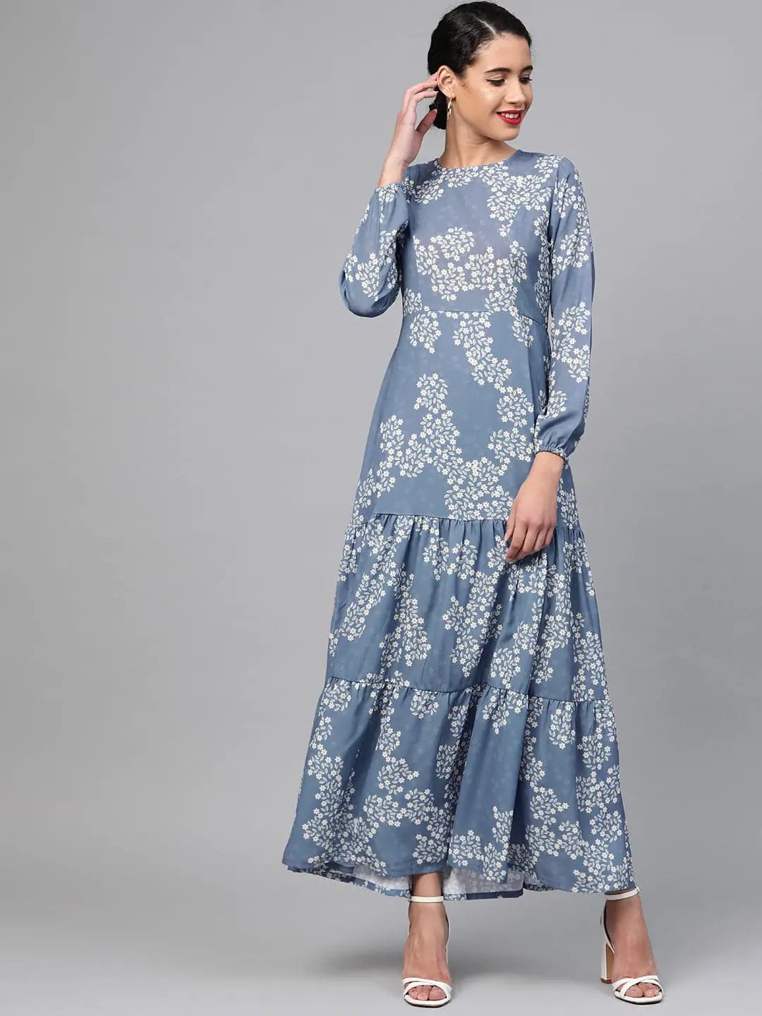 Women's Vacation Clothes Dark Blue Floral Tiered Maxi