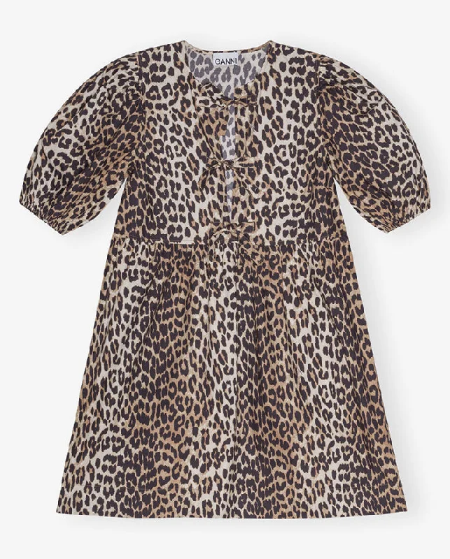 Women's Vintage Attire Cotton Tie String Mini Dress Leopard