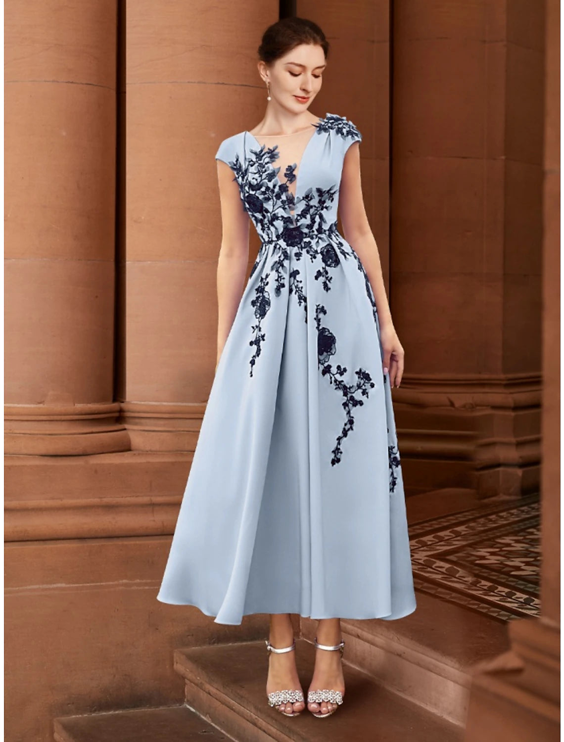 Women's Clothing Apparel Sets A-Line Mother of the Bride Dress Wedding Guest Elegant Illusion Neck Ankle Length Stretch Chiffon Cap Sleeve with Appliques Ruching