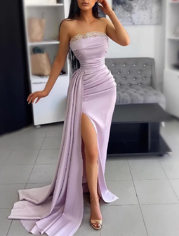 Affordable Fashion Clothing For Women Mermaid / Trumpet Evening Gown Sparkle & Shine Dress Wedding Guest Wedding Party Sweep / Brush Train Sleeveless Strapless Charmeuse with Ruched Slit