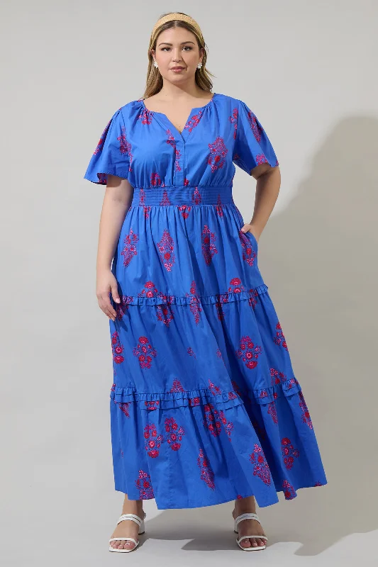 Women's Wardrobe Apparel Shayna Floral Palmer Poplin Tiered Maxi Dress Curve