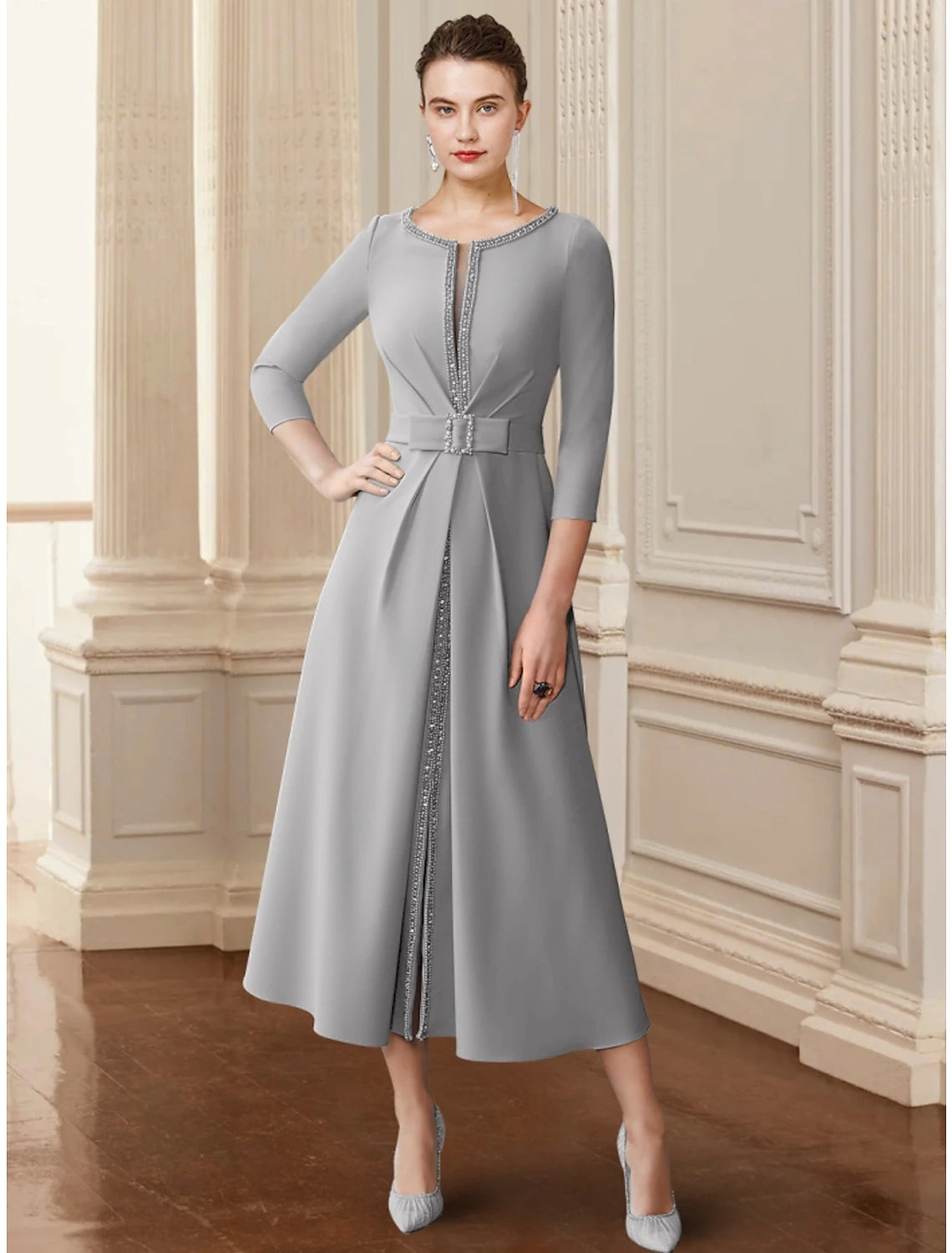 Women's Outfit For The Office A-Line Mother of the Bride Dress Wedding Guest Elegant Scoop Neck Tea Length Stretch Chiffon 3/4 Length Sleeve with Bow(s) Sequin Ruching