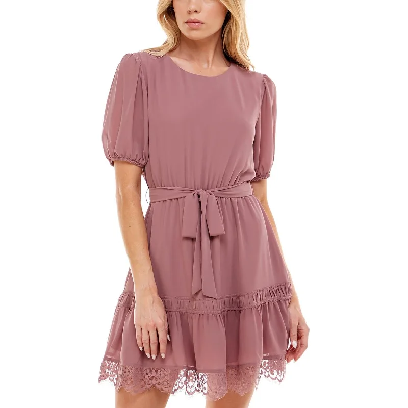 Women's Comfy Loungewear Outfit Speechless Womens Belted Lace Trim Mini Dress