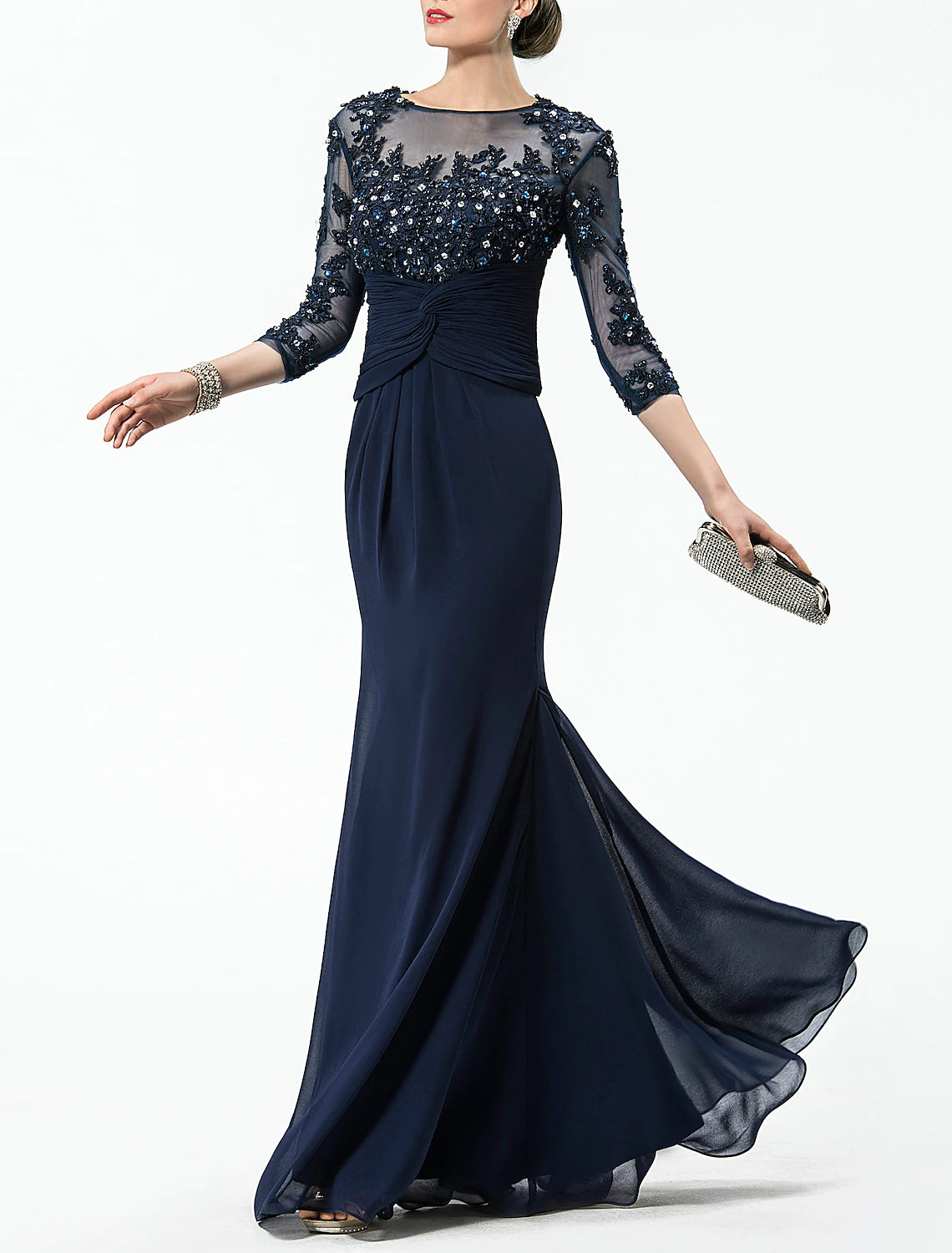 Women's Sports Apparel Two Piece Mermaid / Trumpet Sparkle Elegant Wedding Guest Formal Evening Dress Illusion Neck Half Sleeve Floor Length Chiffon with Crystals Appliques