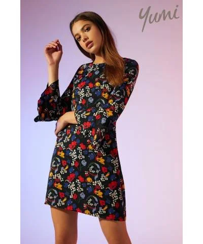 Women's Casual Wear Clothing Floral Flute Sleeve Tunic Dress