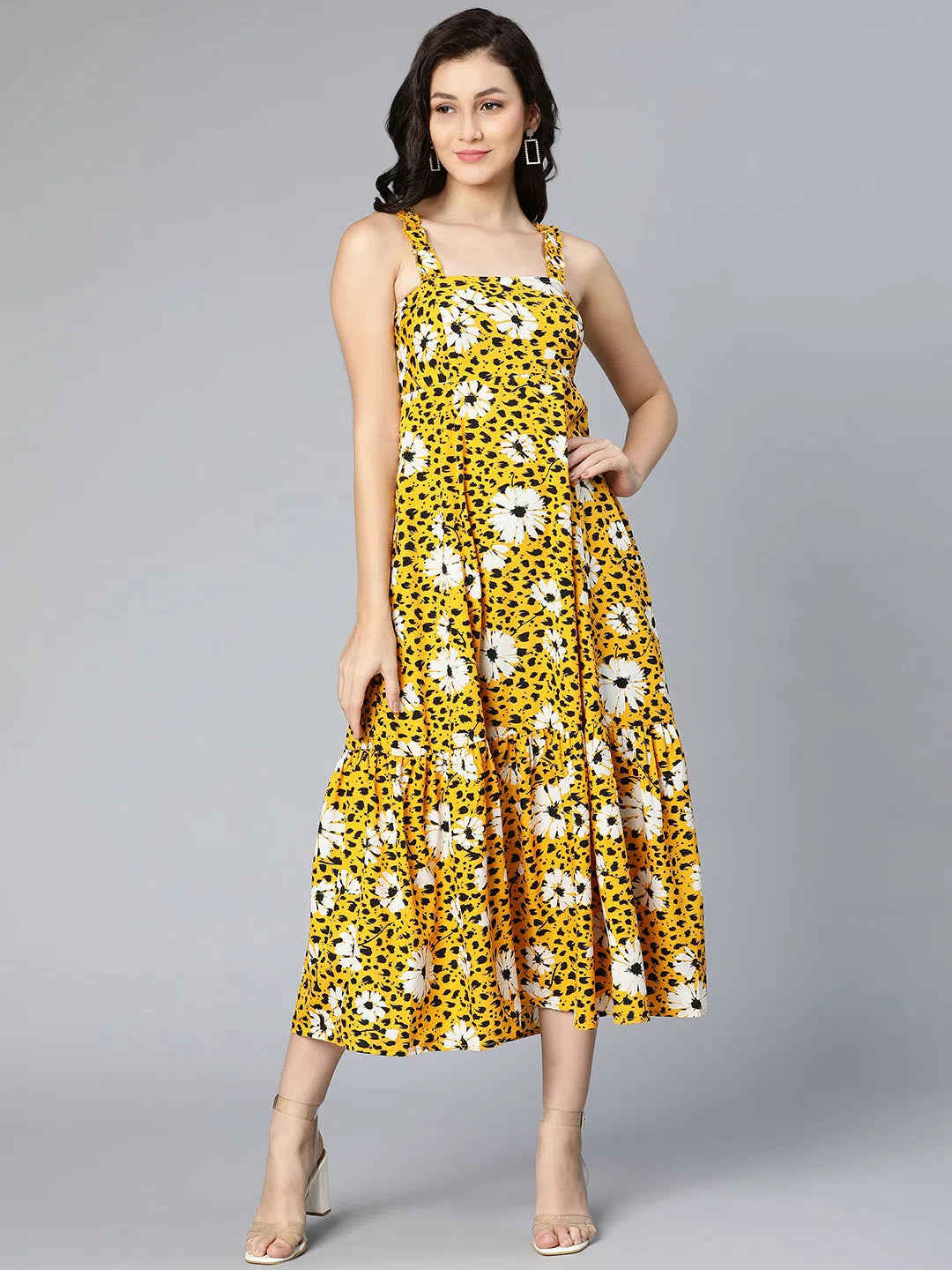 Women's Comfortable Apparel Mustard yellow floral printed shoulder straped women long dress