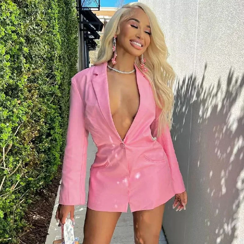 Women's Versatile Apparel Crystal Knot Backless Single Breasted Tailored Blazer Mini Dress - Pink