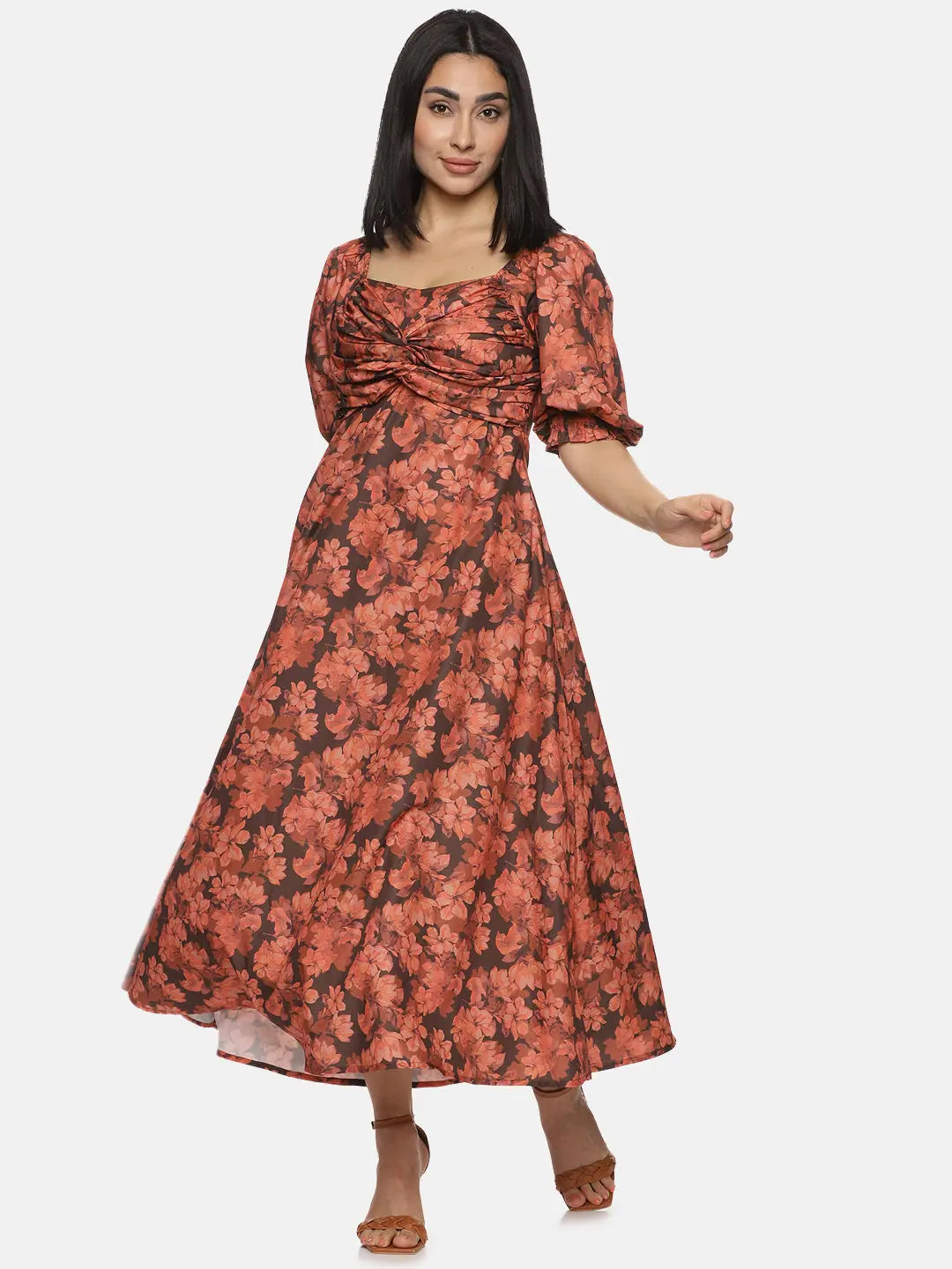 Comfortable Outfit For Women Floral Brown Front Twist Midaxi Dress