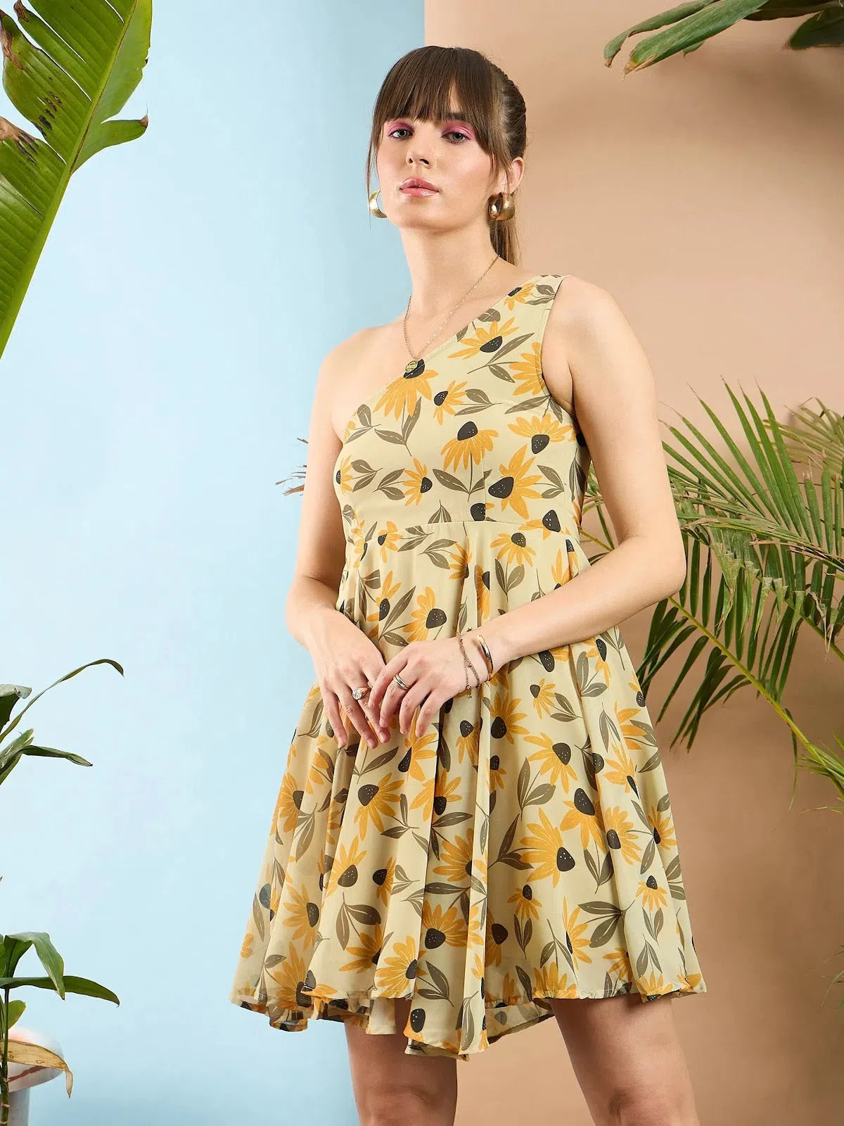 Comfortable Women's Attire Women Yellow Floral Organza One Shoulder Dress