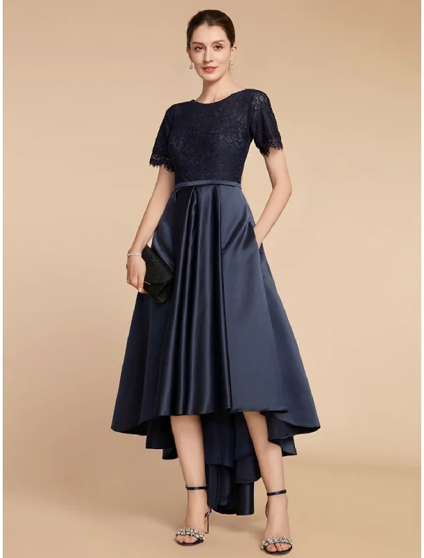 Women's Garments A-Line Mother of the Bride Dress Wedding Guest Elegant Jewel Neck Asymmetrical Satin Lace Short Sleeve with Ruching Solid Color