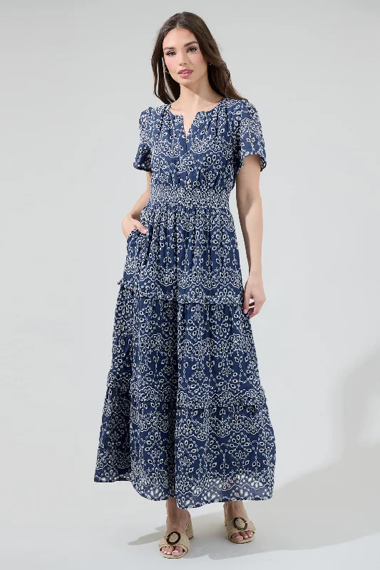 Women's Comfortable Clothes For Weekends Viridiana Floral Eyelet Palmer Tiered Maxi Dress