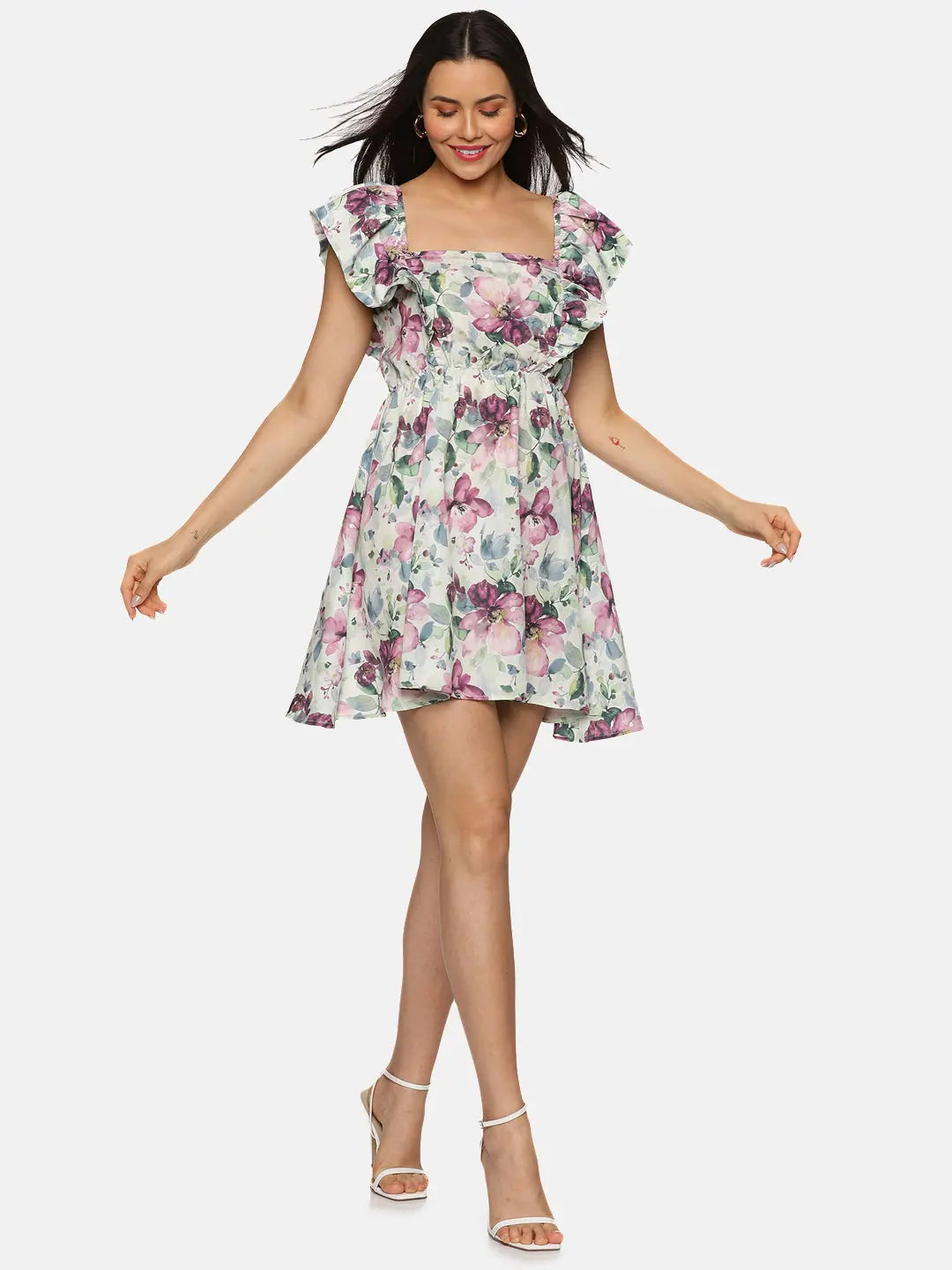 Modern Women's Outfit Floral Multicolor Back Tie-Up Mini Dress