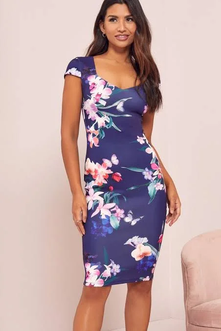 Women's Casual Wear Outfit Cap Sleeve Sweetheart Floral Print Dress Navy