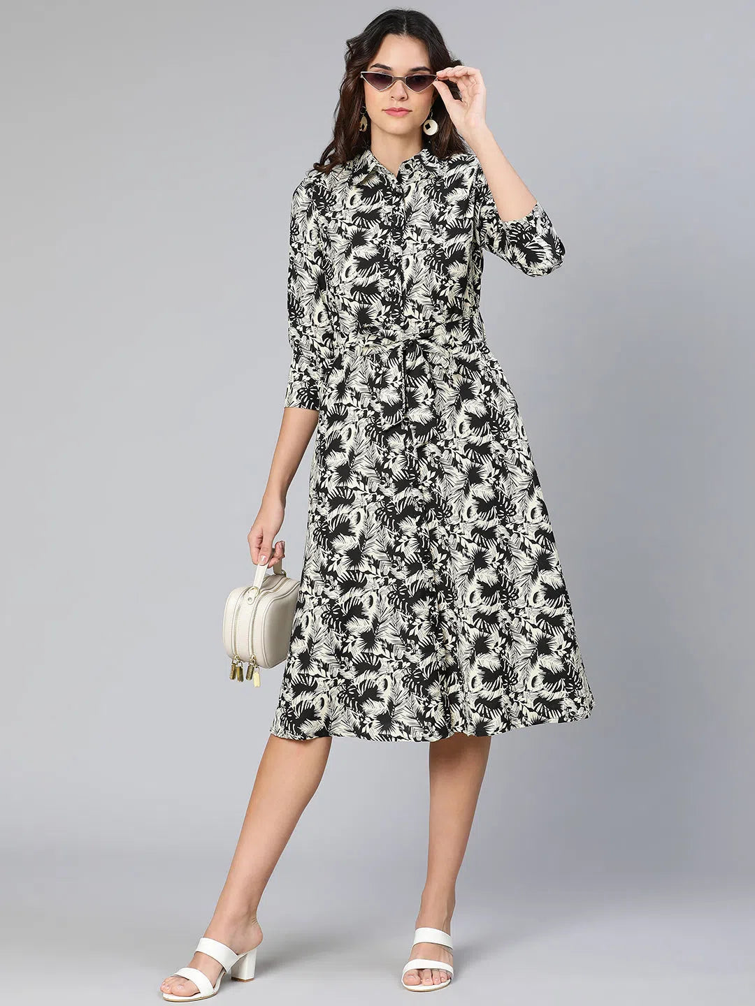 Vintage-Inspired Women's Apparel Glassed black floral print button-dowm women dress