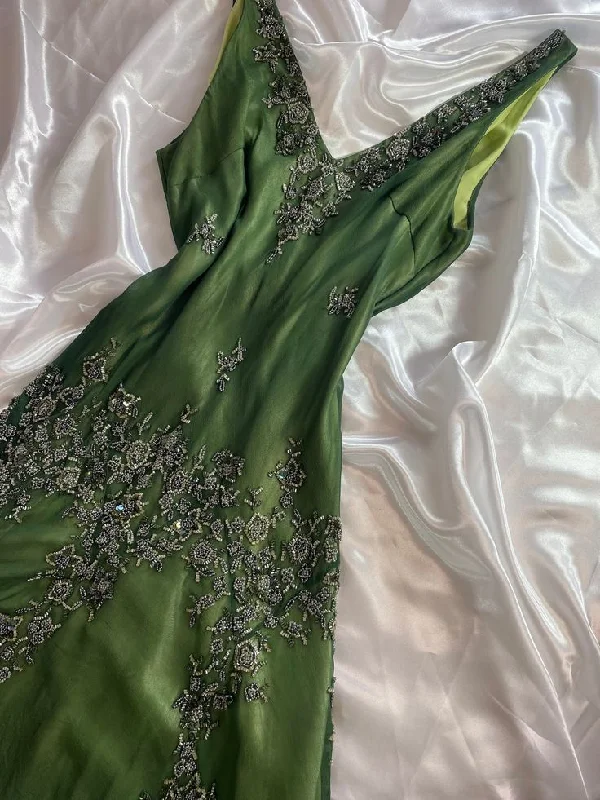 Women's Cozy Outfit For Lounging Green Vintage Elegant Delicate Floral  Applique Beaded Long tulle Prom Gown Evening Dress Party Dress gh3227