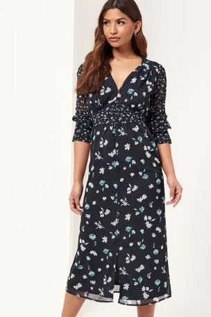 Women's Formal Event Outfit Floral Print Ruched Midi Dress Navy