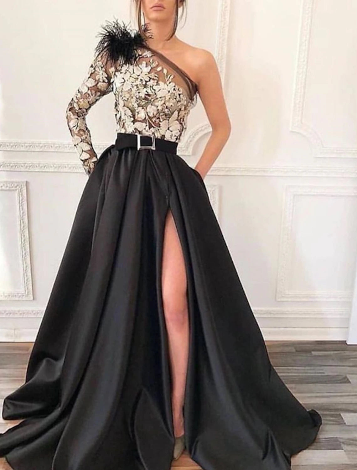 Women's Comfortable Lounge Attire A-Line Evening Gown Black Dress Plus Size Vintage Formal Wedding Guest Court Train Long Sleeve One Shoulder Satin with Feather Slit