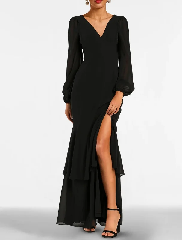 Women's Seasonal Wardrobe Clothing Mermaid Black Dress Evening Gown Tiered Plisse Dress Formal Wedding Guest Floor Length Long Sleeve V Neck Gothic Chiffon with Slit Strappy