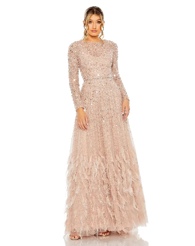 Women's Luxury Apparel Mac Duggal 11782 Long Sleeve Formal Beaded Fringe Evening Gown