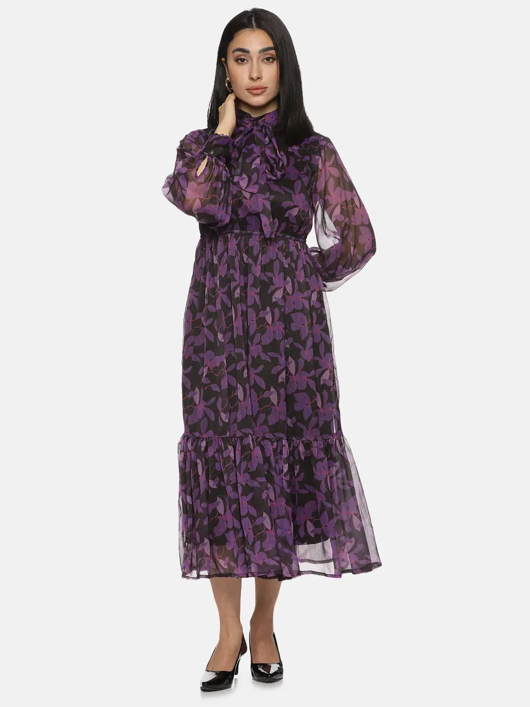 Casual Outfit For Women Floral Purple Front Tie Knot Midaxi Dress