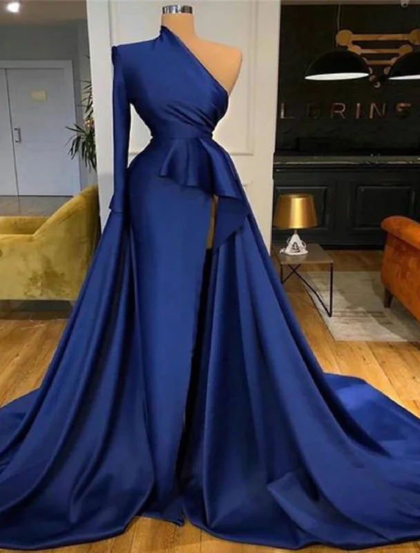 Women's Outdoor Attire A-Line Peplum Sexy Wedding Guest Formal Evening Dress One Shoulder Long Sleeve Court Train Satin with Ruffles Slit