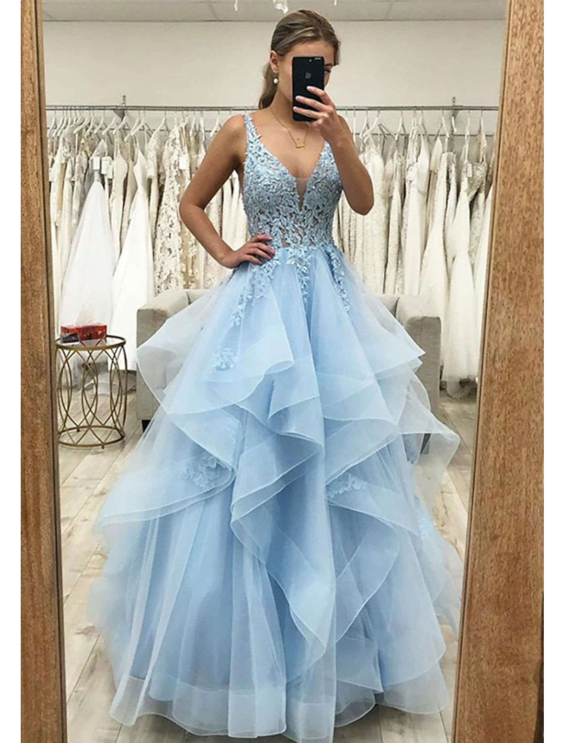 Affordable Luxury Women's Garments Ball Gown A-Line Prom Dresses Princess Dress Formal Wedding Guest Floor Length Sleeveless V Neck Tulle Backless with Pleats Ruched Appliques