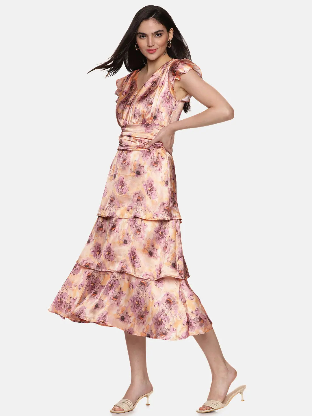 Women's Professional Outfit Floral Peach Three Tier Midaxi Dress