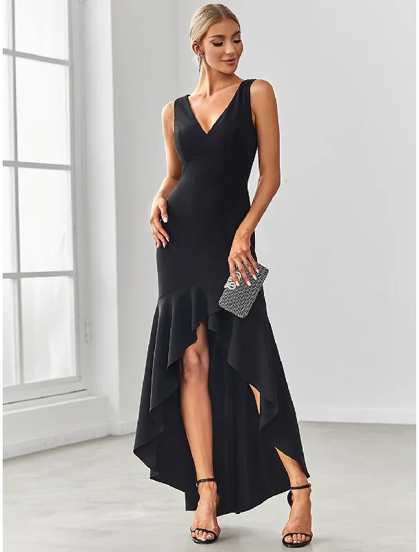 Women's Seasonal Garments Mermaid / Trumpet Evening Gown Sexy Dress Formal Wedding Guest Asymmetrical Sleeveless V Neck Nylon V Back with Ruffles Draping