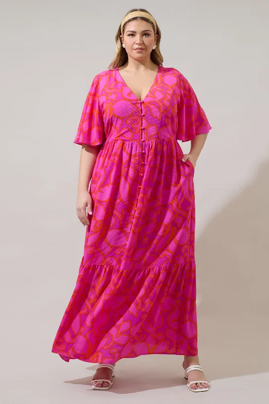 Women's Trendy Activewear Apparel Inara Floral Pismo Button Down Flutter Maxi Dress Curve