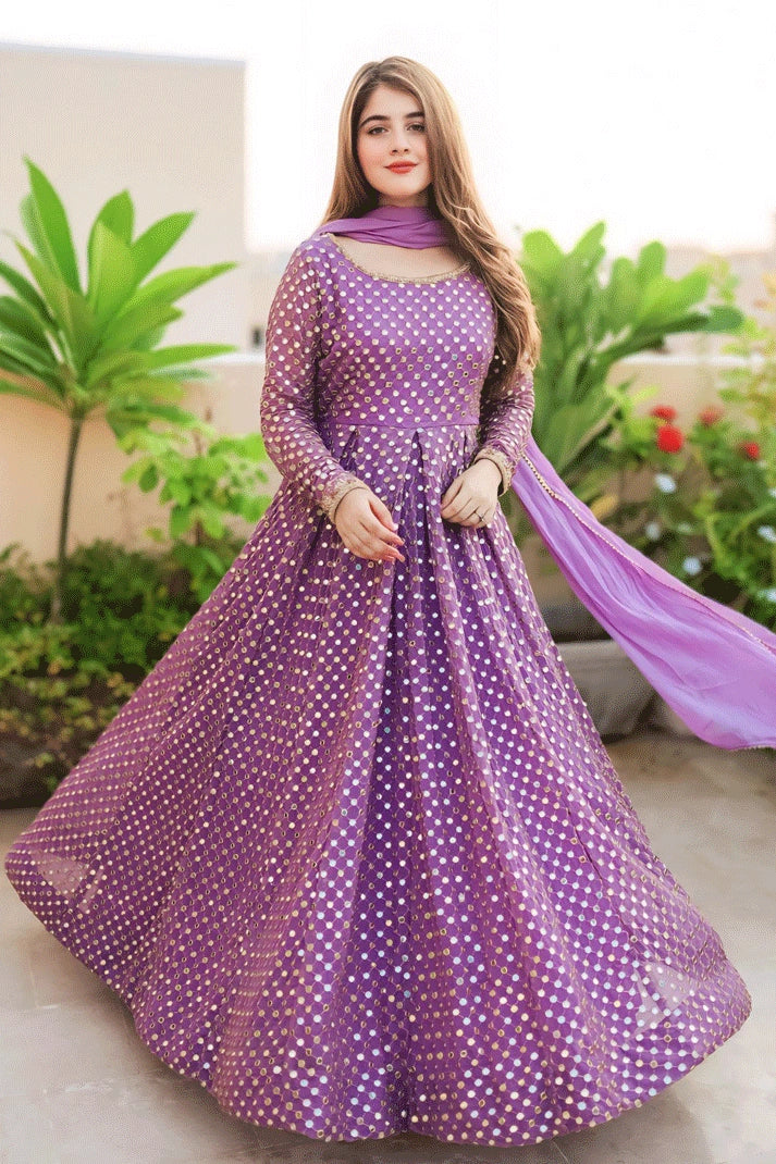 Women's Plus-Size Apparel Embroidery Work Long Purple Gown For Wedding