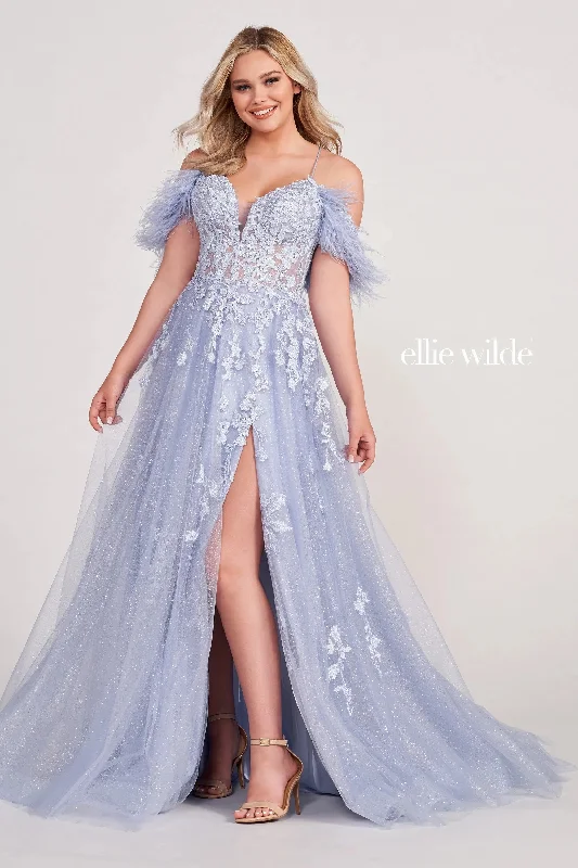 Women's Outdoor Activity Garments Ellie Wilde EW34066 Long Ball Gown Glitter Applique Prom Dress