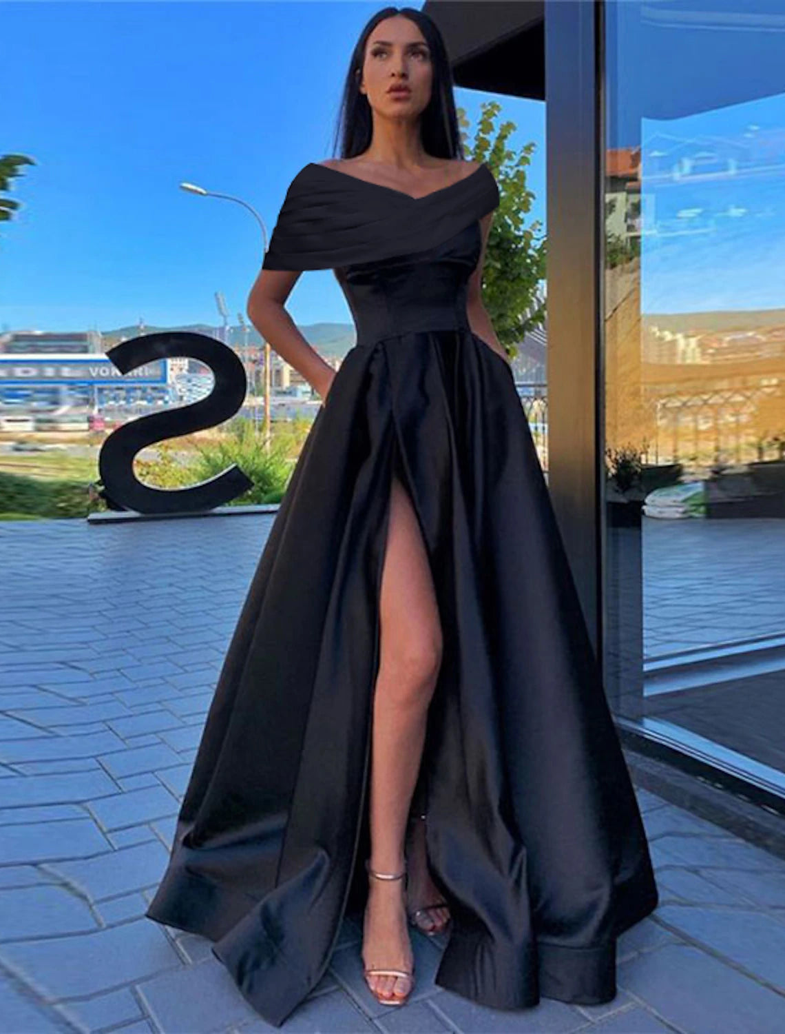 Women's Sporty Clothes A-Line Prom Dresses Little Black Dress Dress Formal Wedding Party Floor Length Short Sleeve Off Shoulder Satin with Ruched Slit