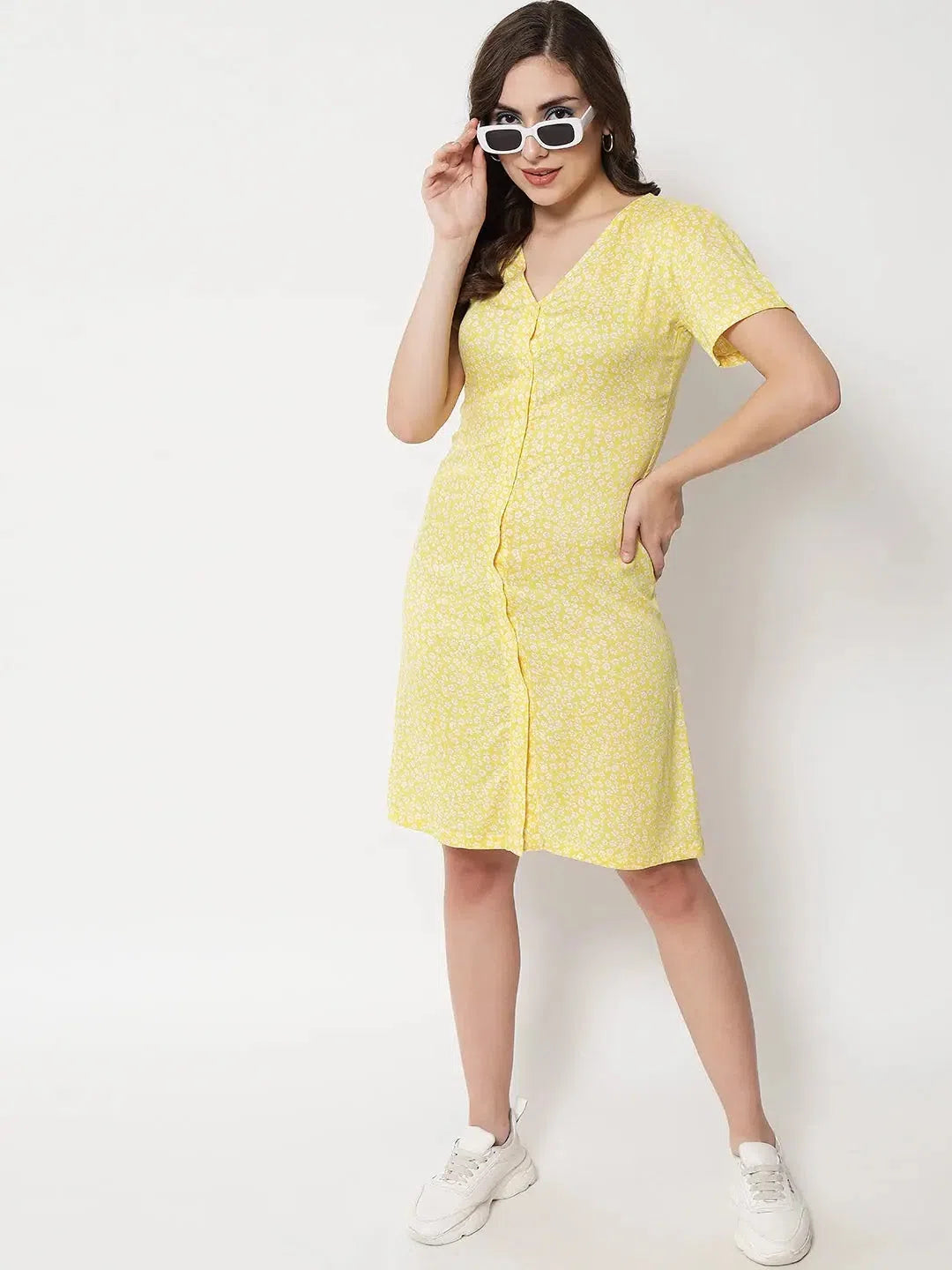 Stylish Women's Apparel V-Neck Yellow Floral Dress