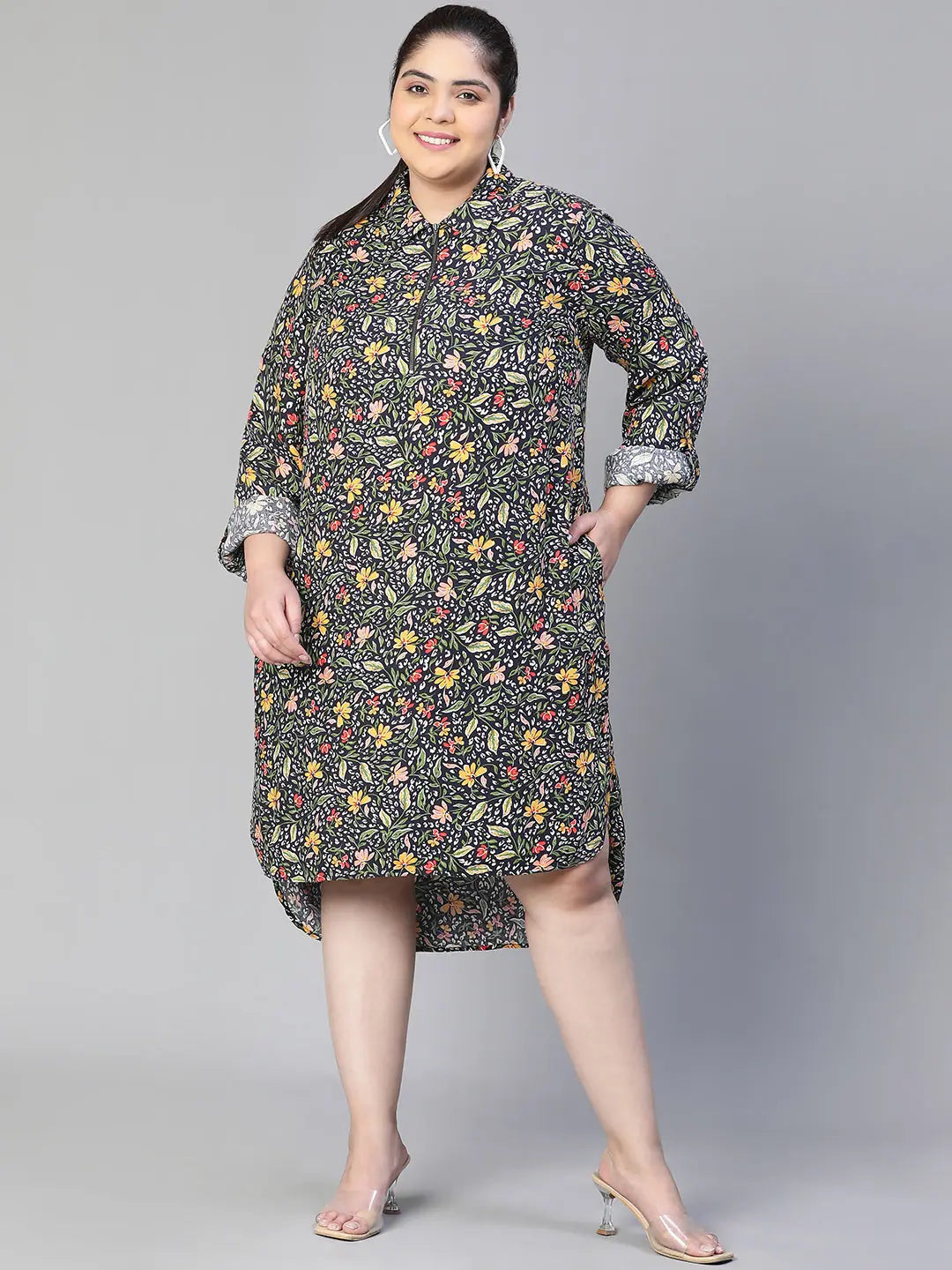 Comfortable Women's Attire Women floral print collared & zipped long sleeve plus size high -low dress