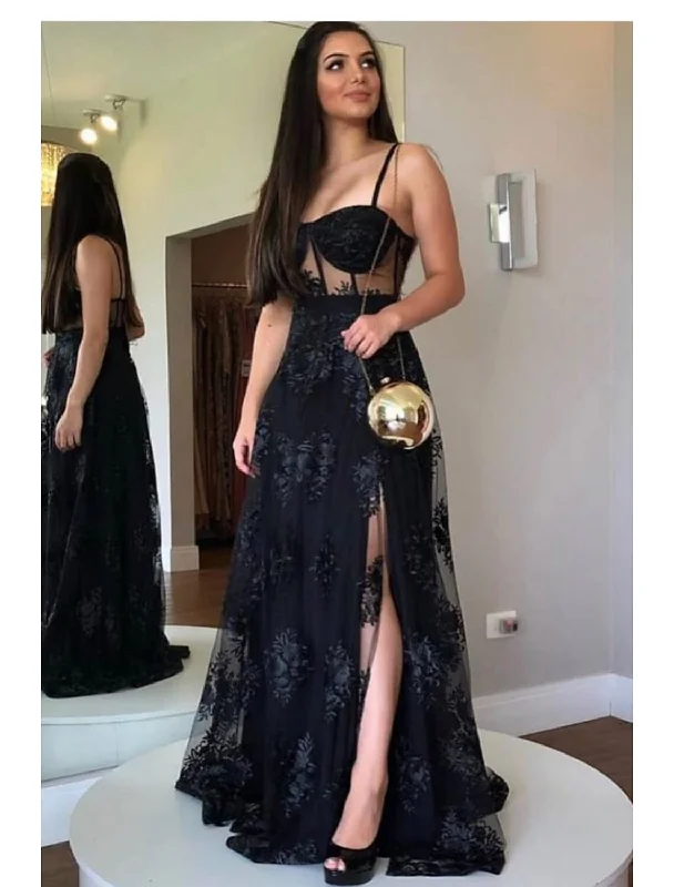 Chic Clothing For Women A-Line Prom Dresses Cut Out Dress Party Wear Wedding Party Floor Length Sleeveless Sweetheart Wednesday Addams Family Lace Backless with Slit Appliques