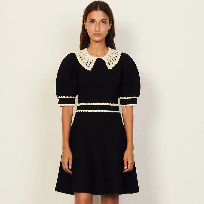 Women's Fashion-Forward Apparel Vintage Style Lace Collar Puff Sleeve Skater Knit Mini Dress - Black