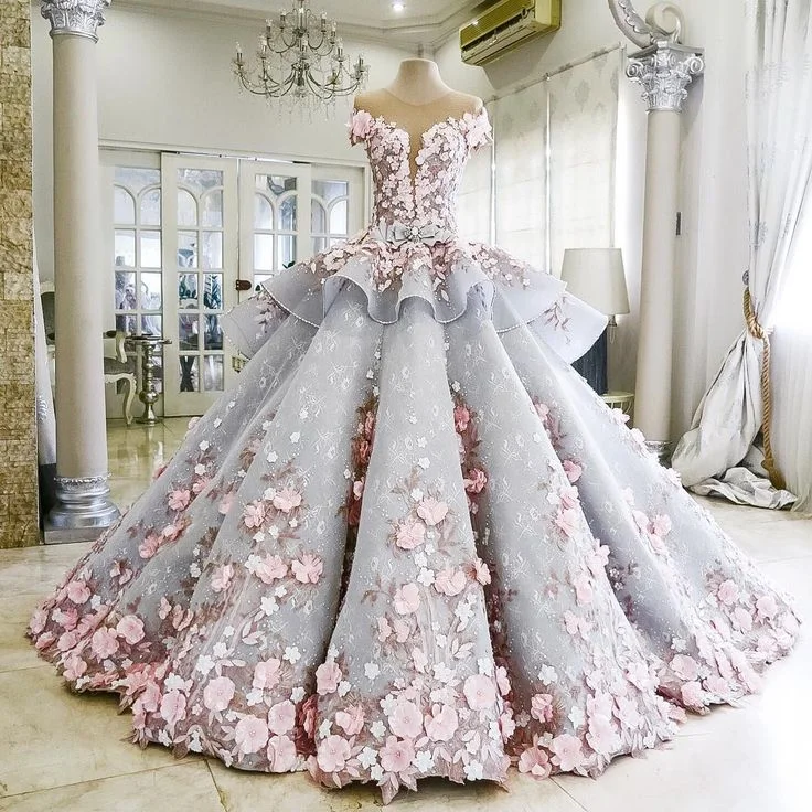 Women's Clothing Pink Gorgeous Exquisite Floral Applique Long Tulle Ball Gown Evening Gown Wedding Dress gh3327