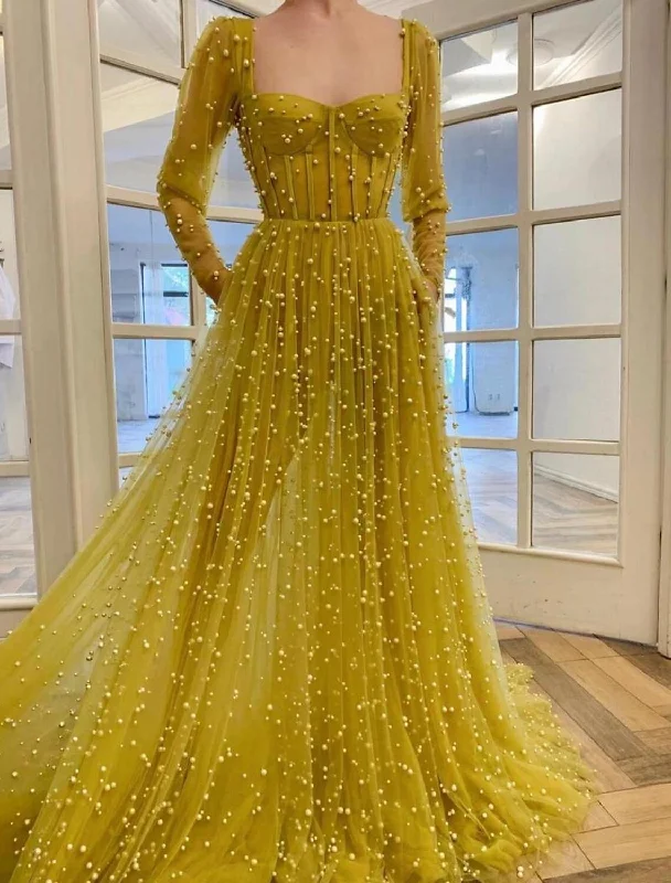 Women's Evening Apparel A-Line Prom Dresses Vintage Dress Wedding Guest Prom Sweep / Brush Train Long Sleeve Square Neck Tulle with Beading Pure Color