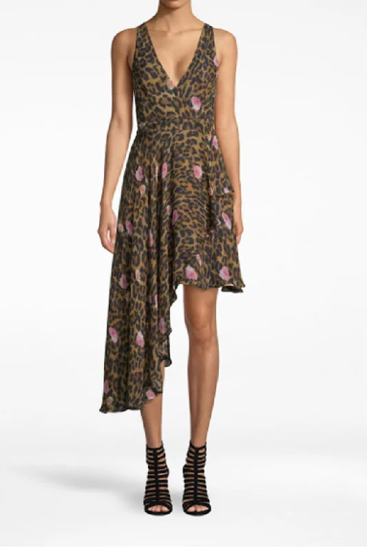 Vintage Clothing For Women Nicole Miller-Floral Leopard Asymmetrical Dress