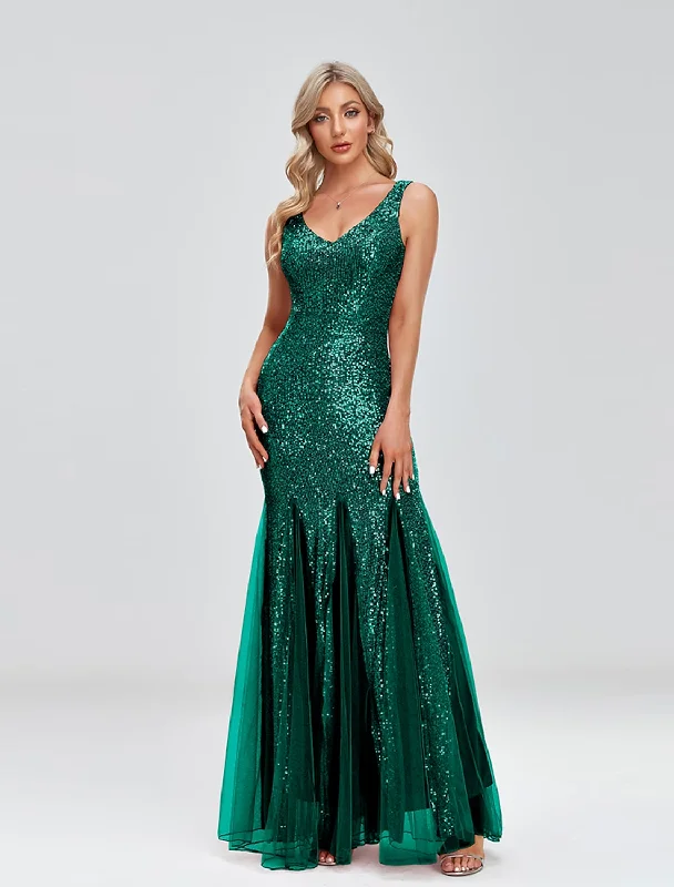 Timeless Women's Clothing Mermaid / Trumpet Evening Gown Sparkle Dress Wedding Guest Floor Length Sleeveless V Neck Tulle V Back with Sequin Splicing