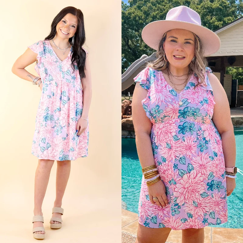 Sustainable Women's Clothing Sunshine On My Mind Floral Ruffle Cap Sleeve Dress in Lilac Pink