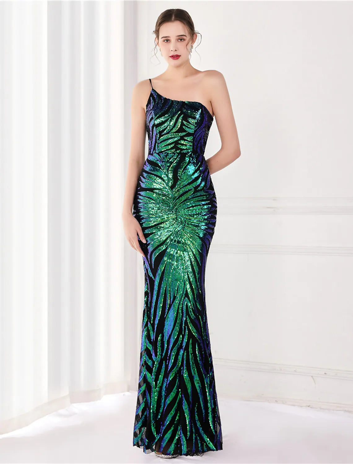 Women's Trendy Casual Outfit Mermaid / Trumpet Evening Gown Elegant Dress Wedding Guest Floor Length Sleeveless One Shoulder Sequined V Back with Sequin